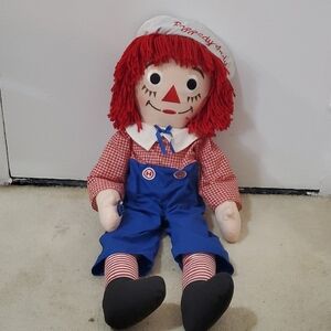VINTAGE Raggedy Andy Doll, 36" Dressed in Blue Overalls and Red Gingham Shirt.